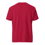 Men's heavyweight red T-shirt featuring a spray paint smiley face design, ideal for casual wear. Graphic tee with smiley face.