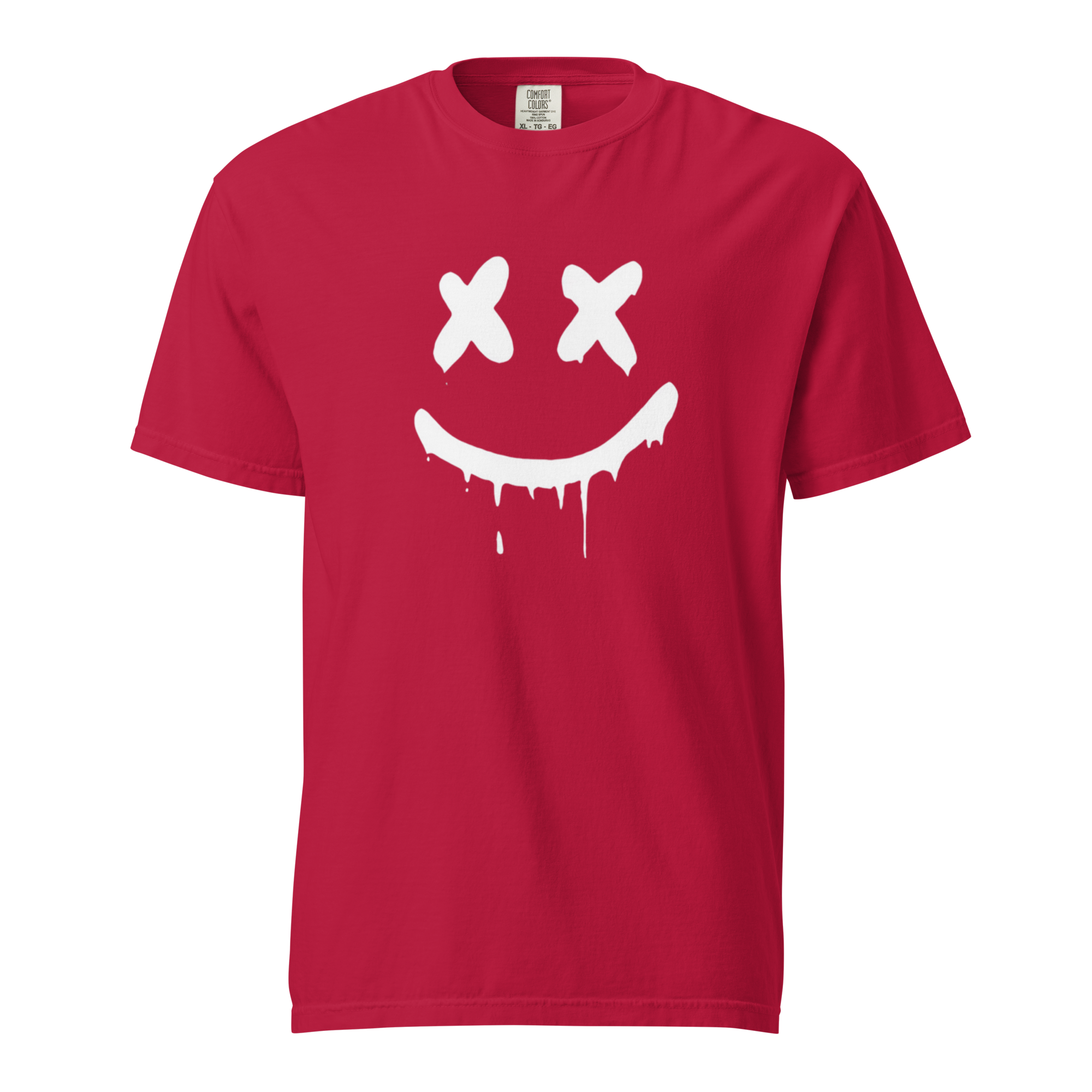 Men's heavyweight red graphic tee with smiley face design, perfect for casual streetwear style.