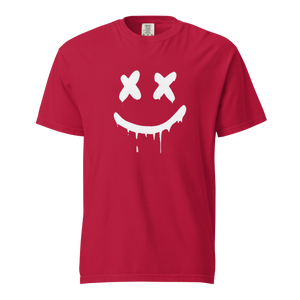 Men's heavyweight red graphic tee with smiley face design, perfect for casual streetwear style.