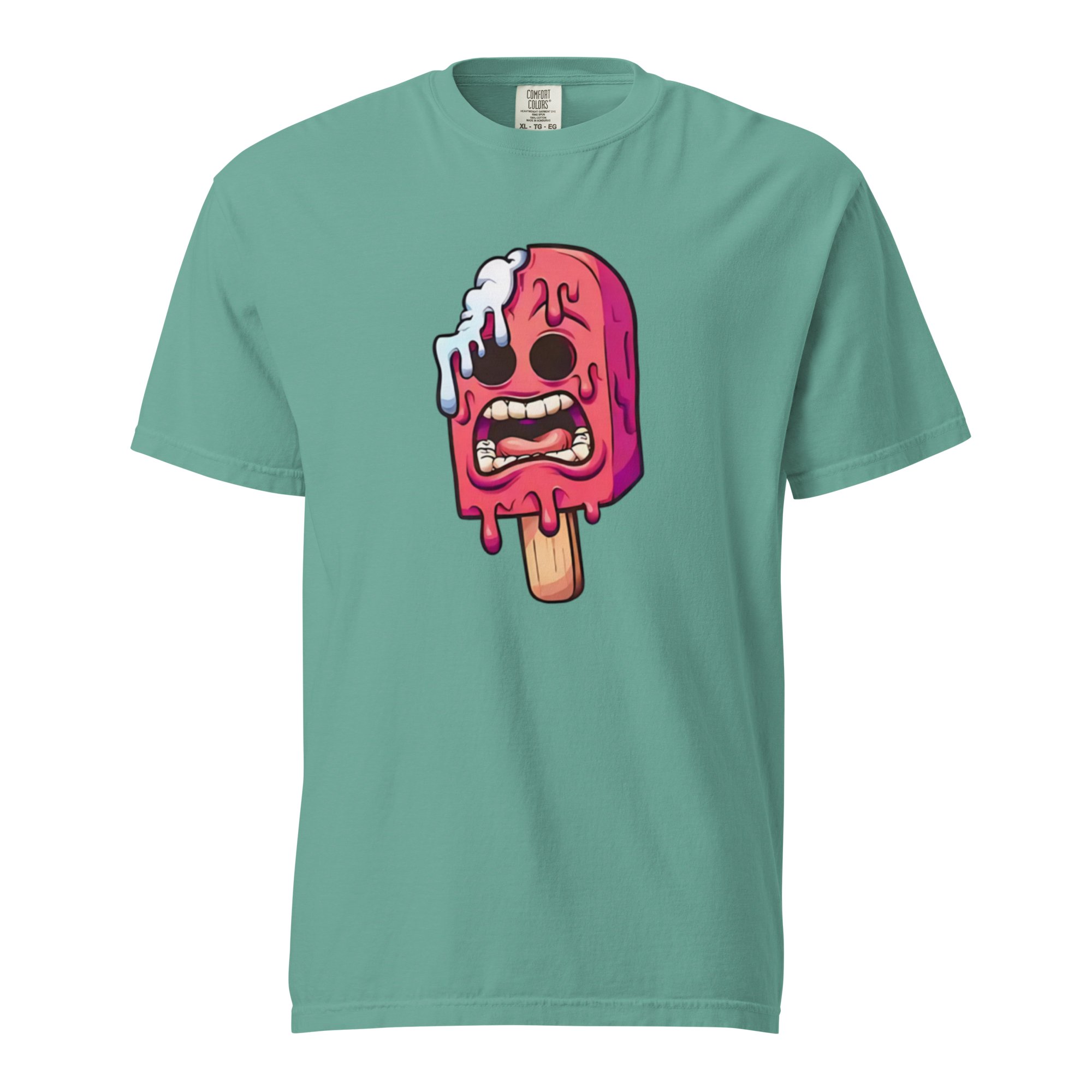 Men's screaming ice cream shirt for men featuring a colorful melting ice cream graphic on a mint green heavyweight tee