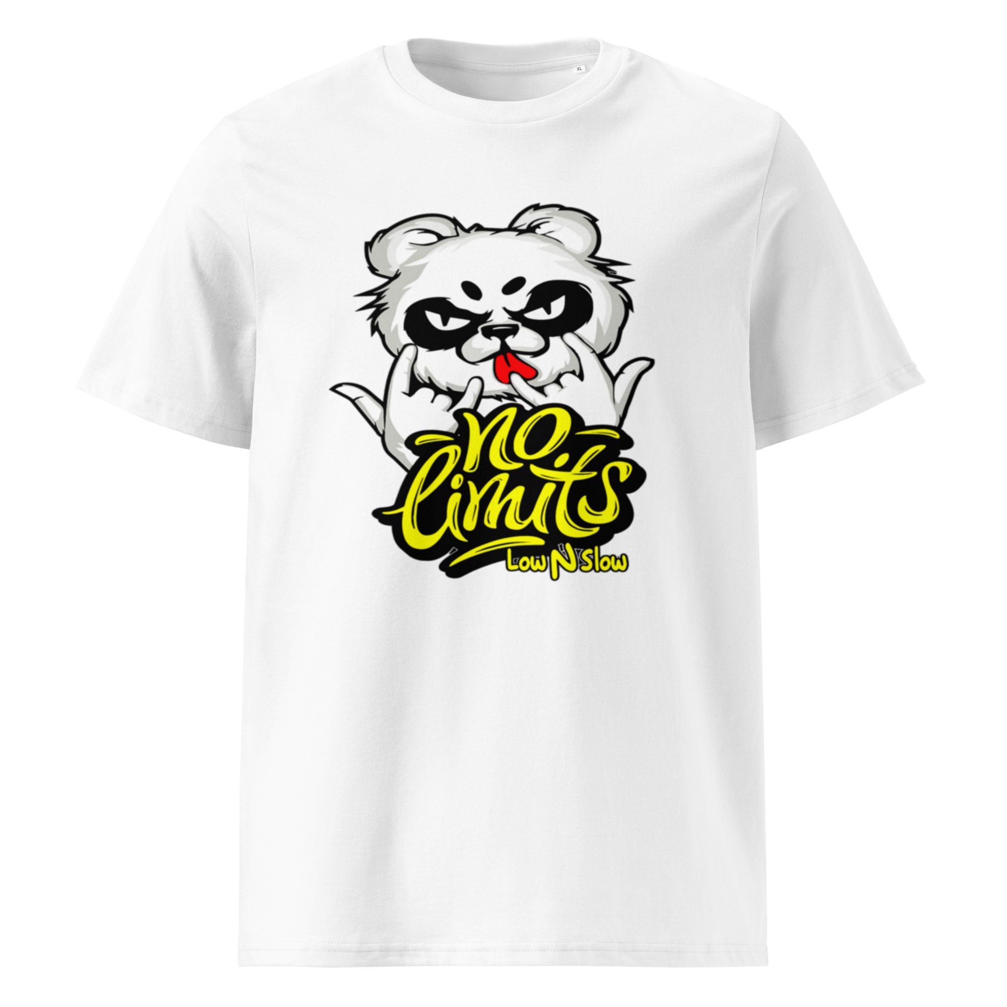 Men's graphic tees no limits featuring a bold panda graphic and vibrant lettering on a soft white cotton T-shirt