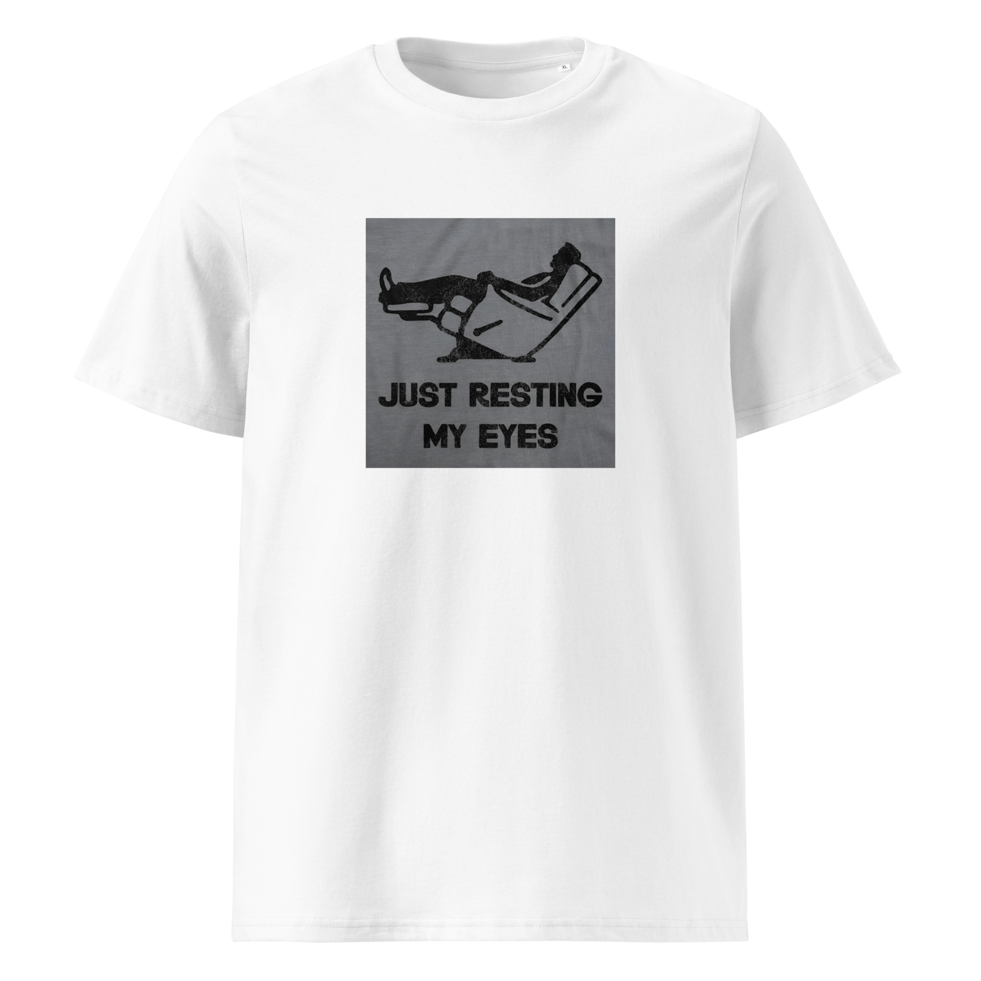 Funny graphic tee for men featuring a humorous 'Just Resting My Eyes' design on a white organic cotton shirt