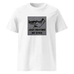 Funny graphic tee for men featuring a humorous 'Just Resting My Eyes' design on a white organic cotton shirt