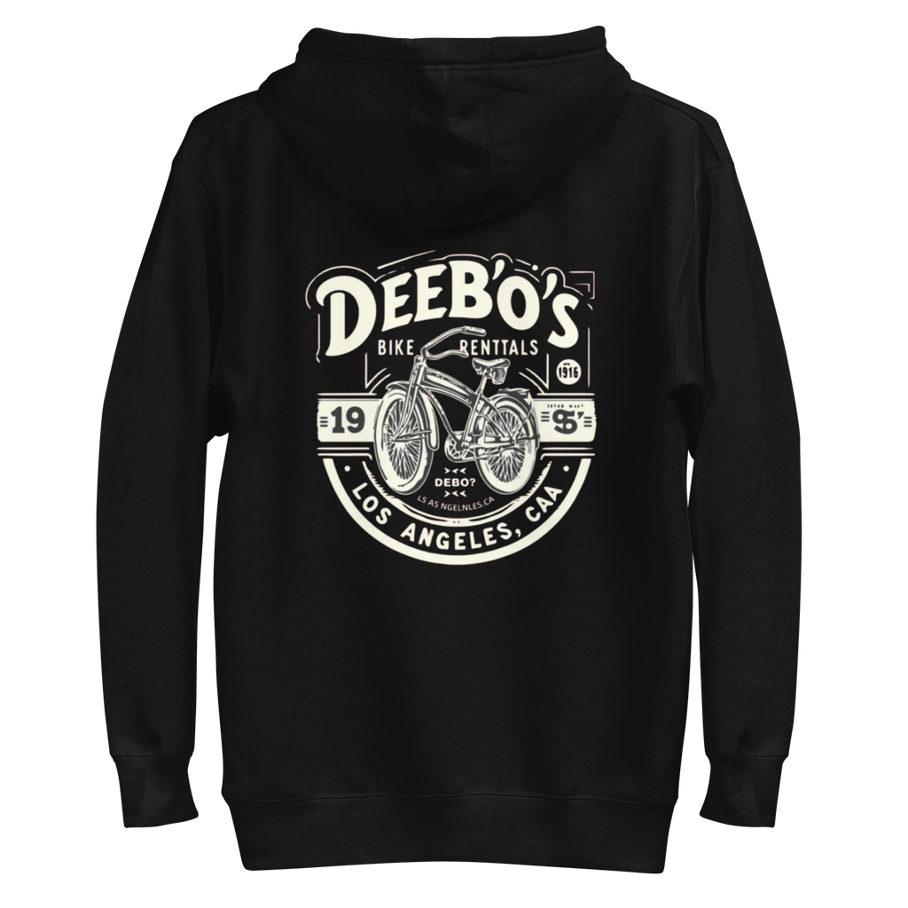 Men's DeeBow Hoodie For Men in black featuring a vintage bike rentals graphic from DeeBo's Los Angeles