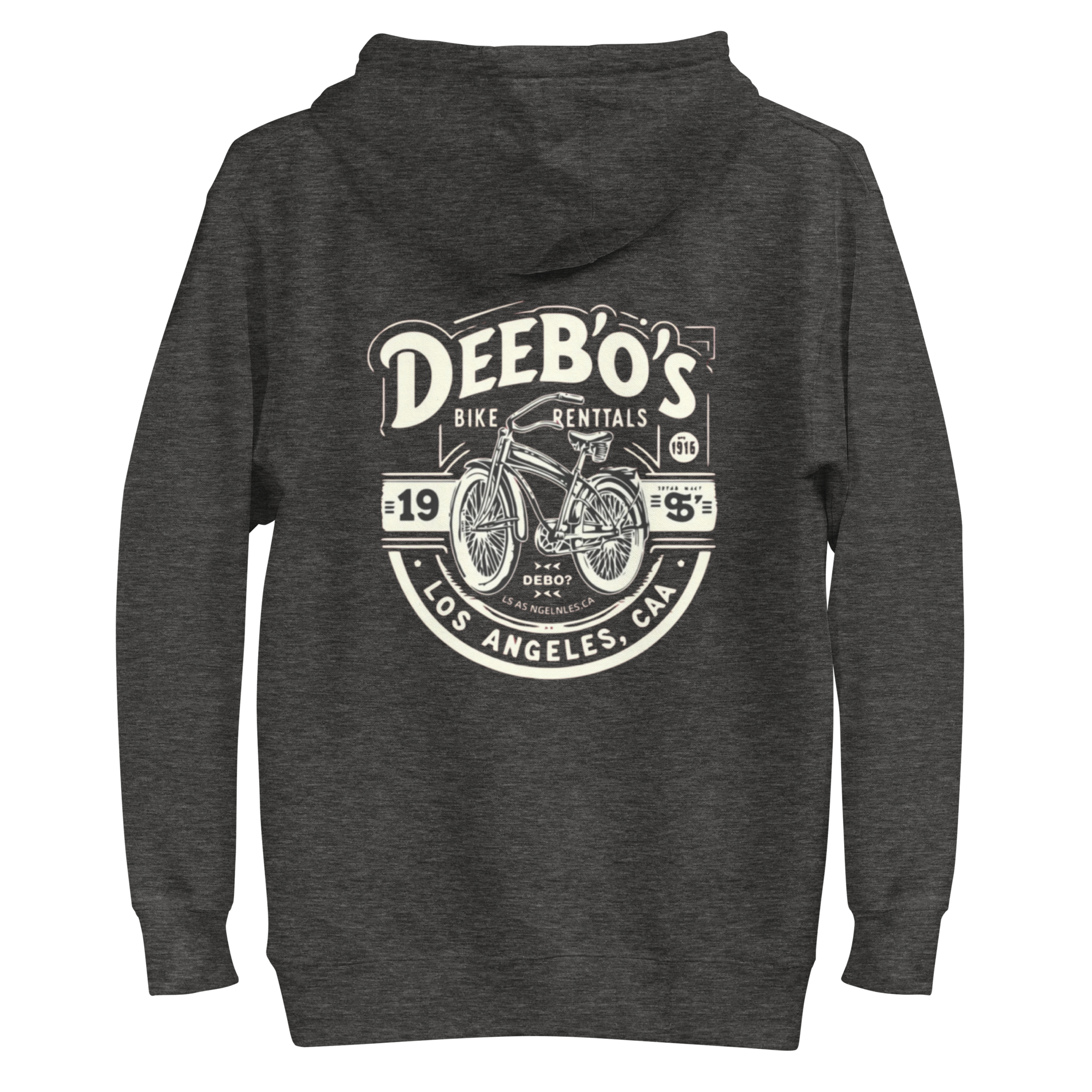 Men's DeeBow hoodie featuring a vintage bike rental graphic in gray, perfect for casual wear and comfort.