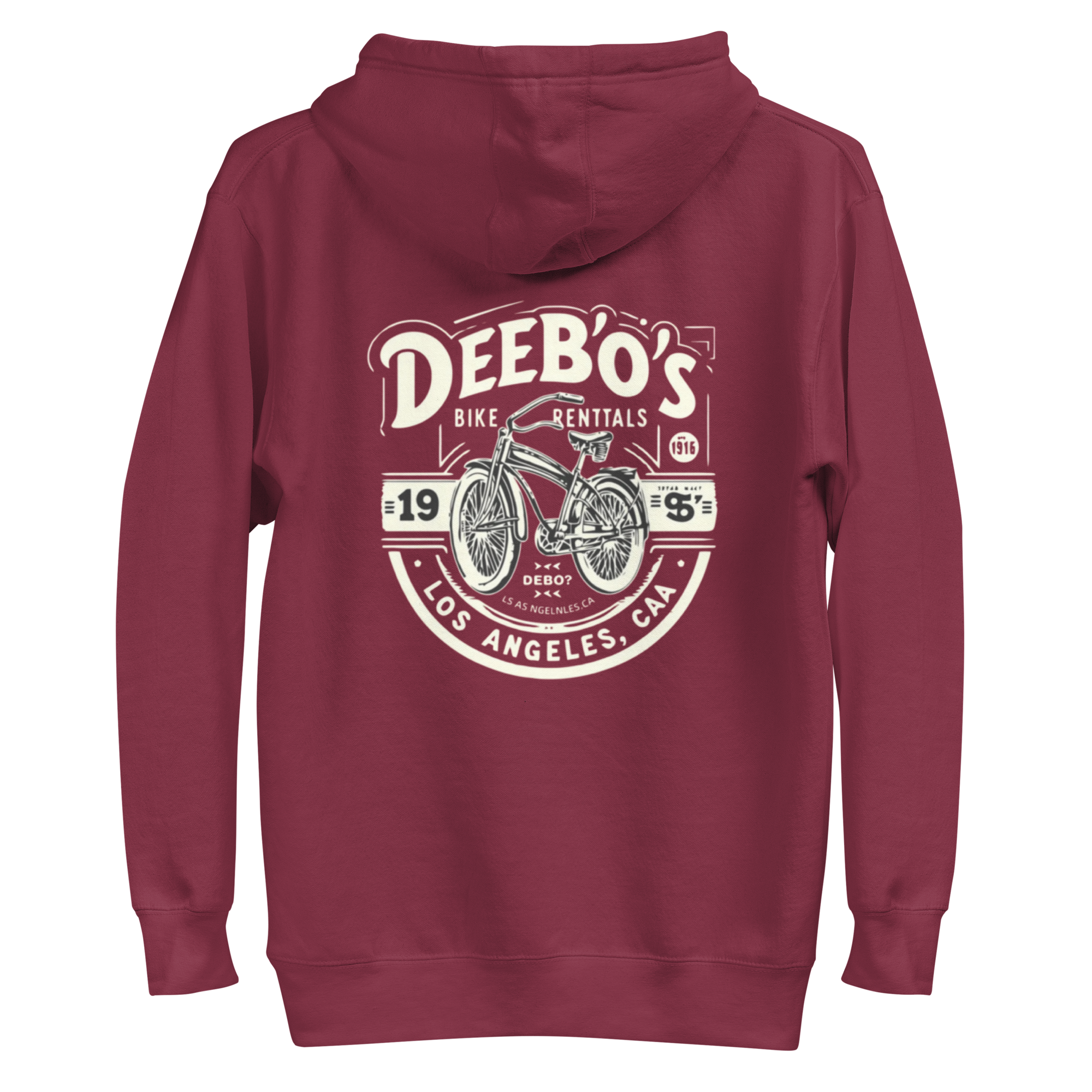 Men's DeeBow Hoodie for Men in maroon featuring a vintage bike rental design on the back.