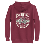 Men's DeeBow Hoodie for Men in maroon featuring a vintage bike rental design on the back.