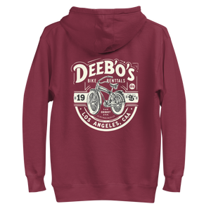 Men's DeeBow Hoodie for Men in maroon featuring a vintage bike rental design on the back.