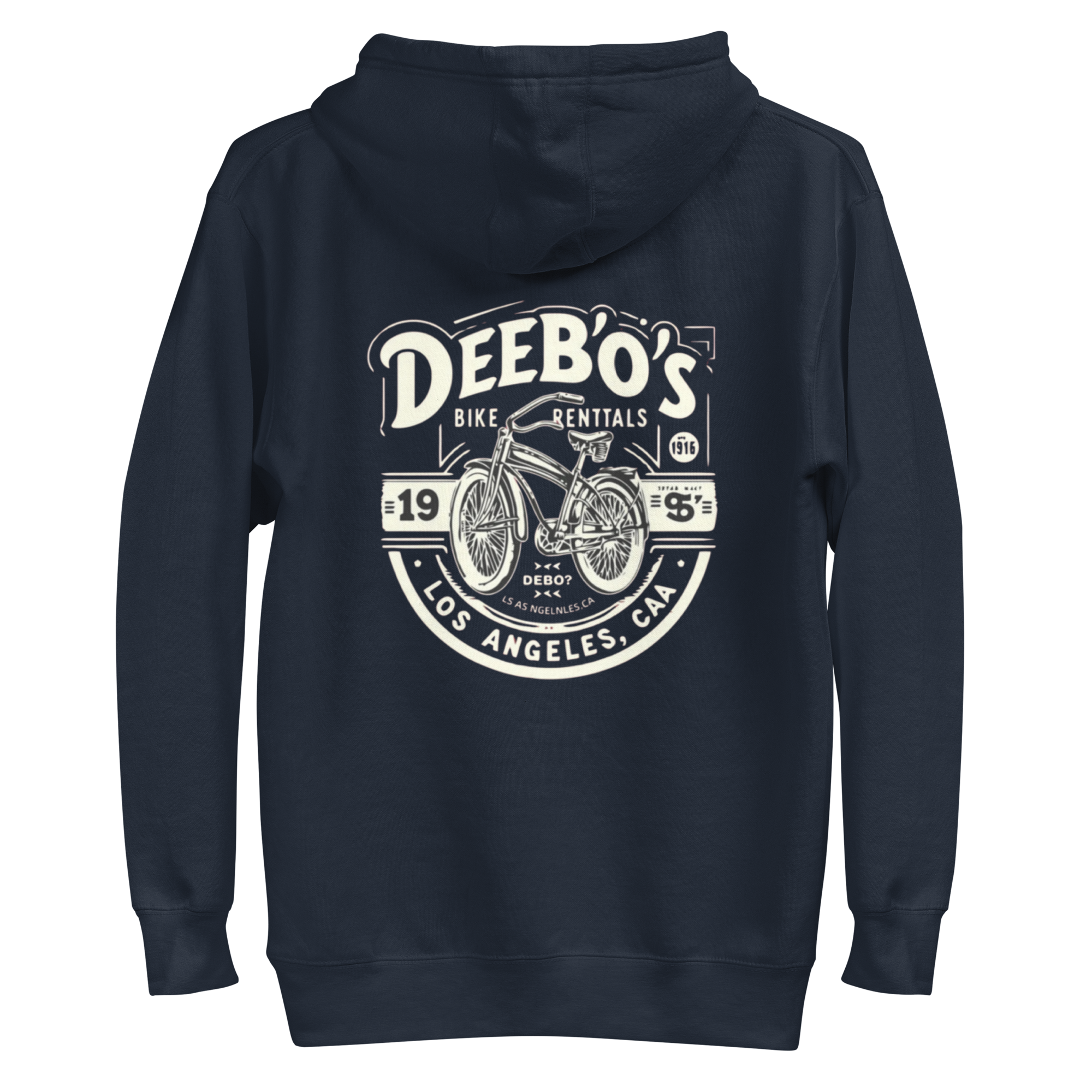 Men's DeeBow Hoodie For Men featuring a retro bike rental graphic on a navy background, perfect for casual style