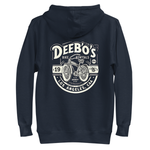 Men's DeeBow Hoodie For Men featuring a retro bike rental graphic on a navy background, perfect for casual style