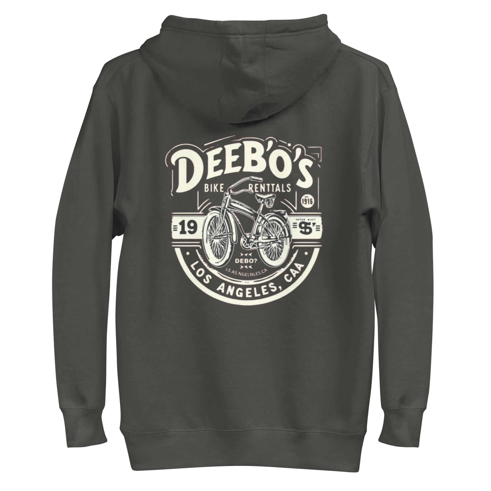 Men's DeeBow hoodie featuring a vintage bike rental graphic in cream on a dark hoodie, perfect for casual wear.